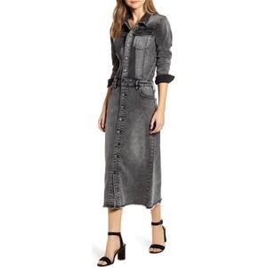 NWT WASH LAB Denim Midi Dress Grey Long Sleeve Button Front Raw Hem WL0438D-2 XS